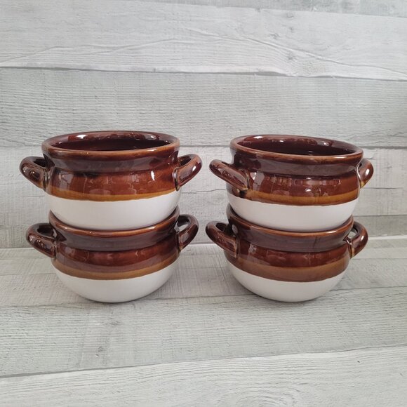 Set Of 4 Vintage Brown & White Ceramic Soup Bowls With Handles - Picture 1 of 6